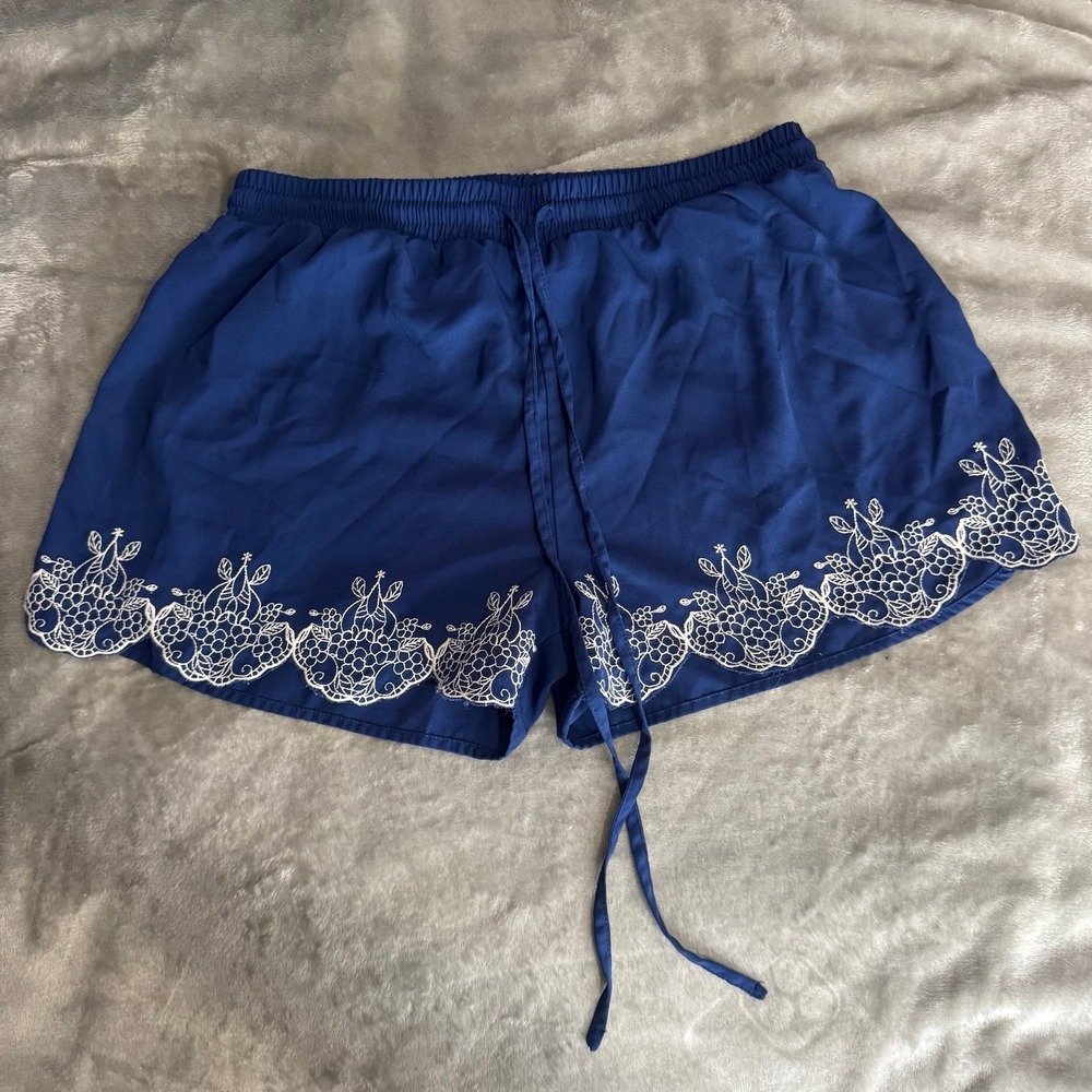 Boho Blue Drawstring Short Embroidered Hem Lightweight Elastic Waist